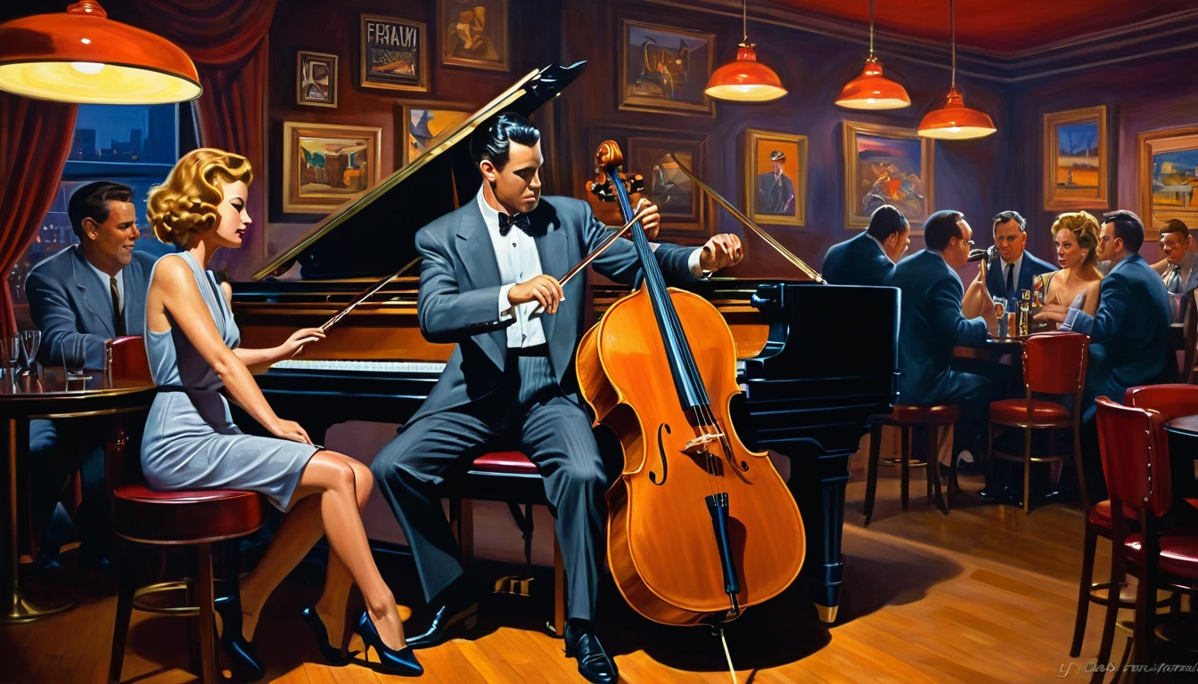 Painting of a man playing the cello and a woman playing the piano in a bar, inspired by Art Frahm, film noir jazz bar, inspired by f.. scott hess, inspired by f. scott hess, By John La Gatta, John Alexander, Jason Edmiston, inspired by Vincent Lefevre, by Fred Mitchell, by Art Frahm, by Bob Ringwood