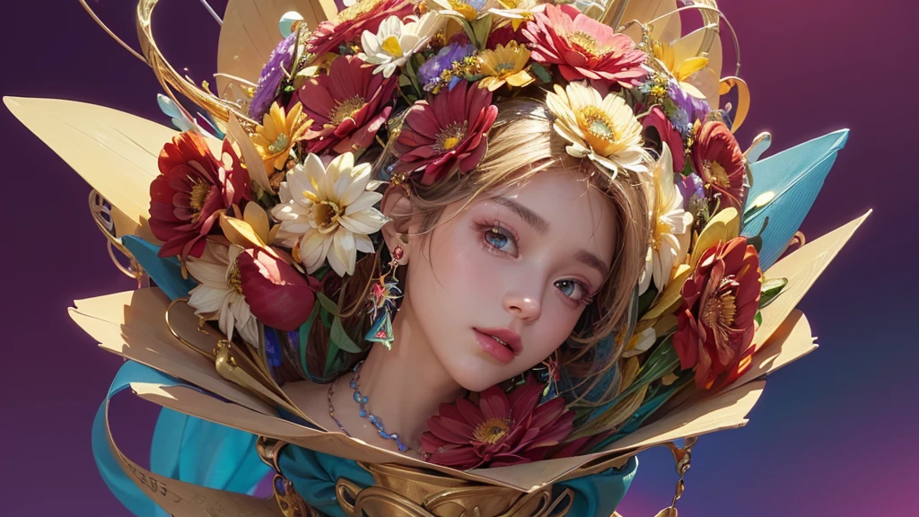 32K, 最高quality, 最高masterpiece, (ultra-Detailed Background, Detailed Background), High resolution, Super detailed, Very detailedな, One girl, (bouquet:1.3), (Tangled:1.2), (Geometric:1.2),(colorful),(masterpiece, quality, best quality, Official Art, Beautiful and beautiful:1.2), (1 girl:1.3), Very detailed,(colorful:1.1)(Flowers:1.3),Most detailed,(Tangled:1.2), whole body, (Abstract background:1.3), (Skin glows), (Many colors:1.4), ,(Earrings Jewelry:1.5), Pale Red Background,