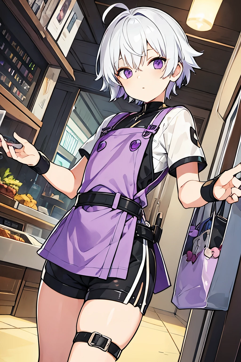 Little man, short white hair with a purple fringe, robotic left hand, Leather apron, shorts negros, herrero