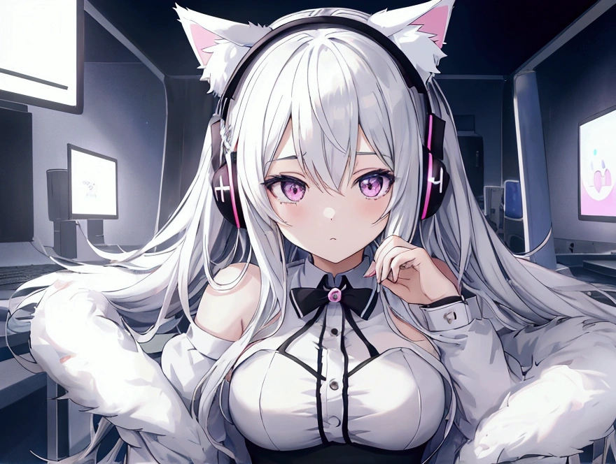 An anime girl with a pair of cat ears, the inside of the ears is soft white fluff, with headphones, listenning music, gaming