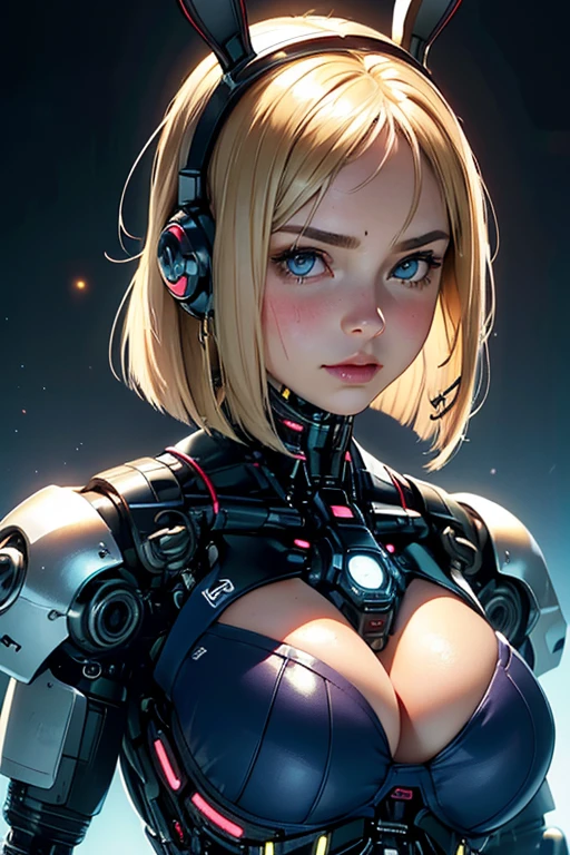 Top quality, masterpiece, fine detail, super detailed, accurate depiction, highly detailed 8k wallpaper, beautiful mechanical woman, solo, (half closed eyes, green eyes), seductive smile, (sexy mechanical woman: 1.3), five perfect fingers, (white exoskeleton suit: 1.1), (mechanical joints, echanical arms, mechanical legs: 1.4), (exposed shoulders, exposed armpits, exposed thighs), (long eyelashes, red lips), rabbit ears, rabbit tail, headphone, (blonde hair, bob cut), (forehead:1.4), cyberpunk, (bar), counter, wine, whiskey, bourbon,