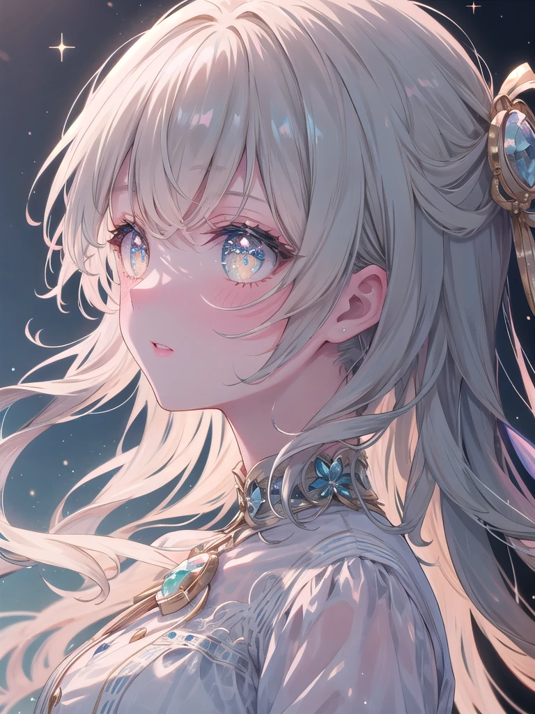 ((8k, best quality, master piece: 1.3)),super high resolution,(1 girl, solo), (colorshift eyes, hyperdetailed, expressive sparkling, glitter, glowing eyes), ultra detailed eyes, ultra-detailed face, random hair, ((pastel color)),A profile of a woman with sparkling eyes. The background is a natural landscape with gentle, soft colors, and the warm spring sunshine spreads throughout. A pale blue sky spreads in the background, with a few clouds floating in the air. In the distance are lush green hills, and colorful flowers bloom all around. The woman is dressed in an elegant and calm outfit, and her simple yet sophisticated style stands out. She is wearing a light silk shirt in a soft cream color with fine lace details. The shirt has a slightly wide collar and a flowing design around the neck. The shirt has a silhouette that falls lightly over the shoulders, highlighting the woman's elegance. Her hairstyle is long and naturally straight. Her hair is pastel in color, and when the light hits it, it seems to sparkle slightly. Her hair is swept to the side and lightly curled. Her bangs are swept to the side and styled to accentuate her profile. The shine and texture of the hair are depicted in detail, and the overall result is natural and beautiful. The woman's profile is drawn with great detail, with particular emphasis on her eyes. Her eyes are large and sparkling, a deep brown. Light reflects naturally in her eyes, accentuating their brilliance. Her eyelashes are long and gracefully curled, with each individual lash clearly defined. Her eyebrows are neatly contoured and painted to complement her facial expression. Her cheeks are lightly flushed, and her skin has a smooth, healthy glow. Her facial contours are soft, with delicate detailing of her jawline and nose. The lighting and shadows have been finely adjusted to emphasize the three-dimensionality and realism. The angle of view is set to capture the woman's profile clearly, highlighting the brilliance of her eyes.