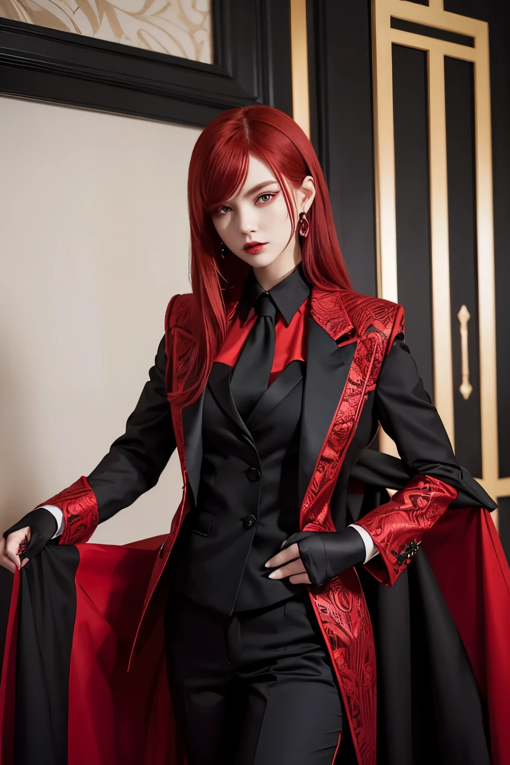 Short Caucasian demon girl with really red hair, red eyes, and striking elegant conservative red and black suit. A sleek, form-fitting red and black suit that accentuates her. Intricate patterns and embellishments that hint at her demonic nature. Melony is a demon who revels in causing horrible chaos and destruction. Suit, business suit, pants, suit, red black suit, red black pants, covers all, conservative, modest