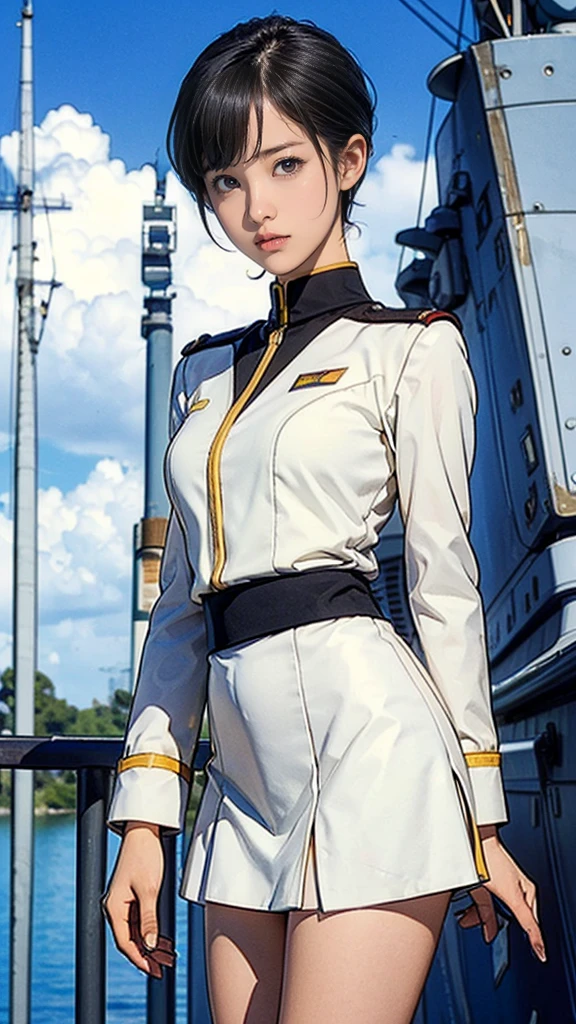 13-year-old girl、Earth Federation Operator Girl Soldier、Black short hair、Idol-level cuteness、Childish face and appearance、Accurately drawn faces、thin、Skirt Earth Federation Uniform、White and blue uniform、Very thin thighs、Inside the bridge of a battleship、Low angle shot、Anatomically correct、Accurate Fingers、Accurate Rimbuster Piece、Photorealization