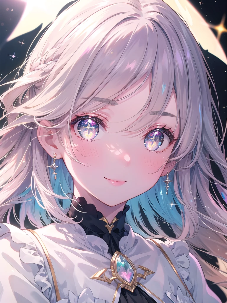 ((8k, best quality, master piece: 1.3)),super high resolution,(1 girl, solo), (colorshift eyes, hyperdetailed, expressive sparkling, glitter, glowing eyes), ultra detailed eyes, ultra-detailed face, random hair, ((pastel color)),A woman with sparkling eyes. The background is a soft, dreamy gradation of pale colors, creating the atmosphere of an early spring morning. The background is a gradation of pale pink to lavender, and soft light is spread throughout. The background is slightly blurred, naturally drawing the focus to the woman's eyes. The woman's face is half-framed on the left side of the screen, with the right side slightly blurred and extending out of the frame. She is smiling, and her smile enhances the sparkle of her eyes. Her face is depicted to give an elegant, sophisticated impression. The woman has a bob cut. Her hair is pastel colored, and it shines faintly when the light hits it. Her bangs are lightly swept to the side, gently framing her forehead and cheek lines. The texture and luster of her hair are depicted in detail, giving the overall finish a natural and beautiful look.
The woman's eyes are particularly emphasized on the left side of the screen. They are large, deep brown, and sparkling, with beautiful reflections of light in them. The sparkle of the eyes is clear and emphasized. Her eyebrows are naturally trimmed and drawn to complement her facial expression. Her cheeks are lightly flushed, and her skin is smooth with a healthy glow. Her facial contours are soft, and her jawline and nose are delicately drawn. The lighting and shadows have been finely adjusted to emphasize three-dimensionality and realism. There is a slight smile on her face, and her expression enhances her overall charm.

The pale colors of the background harmonize with half of the woman's face, emphasizing the overall impression of elegance and beauty. The angle of view is set to capture the left half of the woman's face firmly, highlighting the sparkle in her eyes.