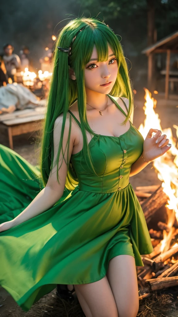 Green haired anime girl wearing a green dress,Bonfire,