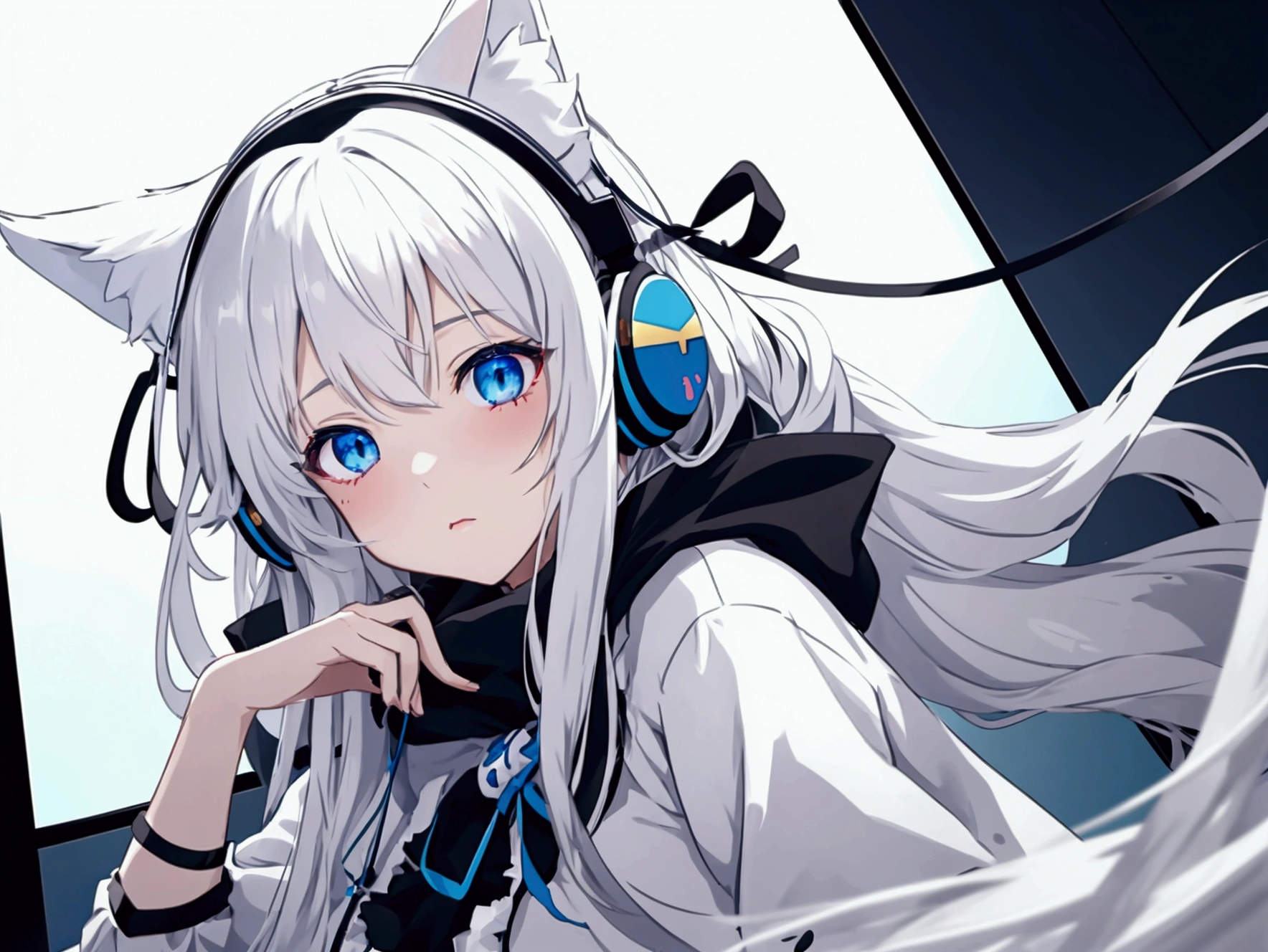 An anime girl with a pair of cat ears, the inside of the ears is soft white fluff, Beautiful eyes, white hair, Blue eyes, with headphones, listenning music, gaming