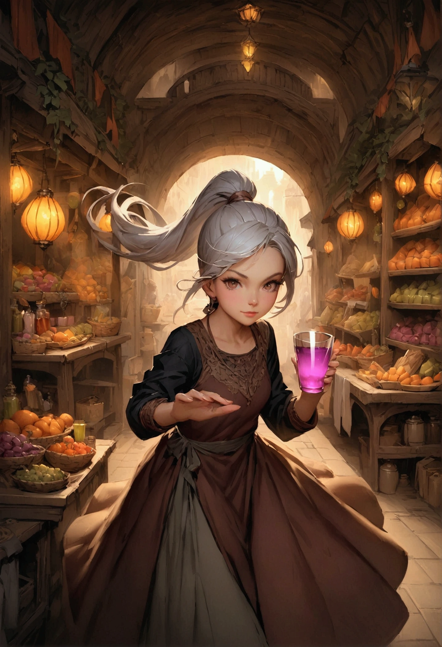 By Alan Paterson inspired girl Arlequina+ sarada Elvgrin, and Jorge Jimenez. Portrait front view of a girl standing in a mystical marketplace, with yellow + silver hair in a flowing ponytail, in a dynamic pose, she is holding a glass of bubbling potion out to the viewer, in the background are busy vendors, and magical light and smoke from the various market stalls. trending on artstation, sharp focus, studio photo, intricate details, highly detailed,