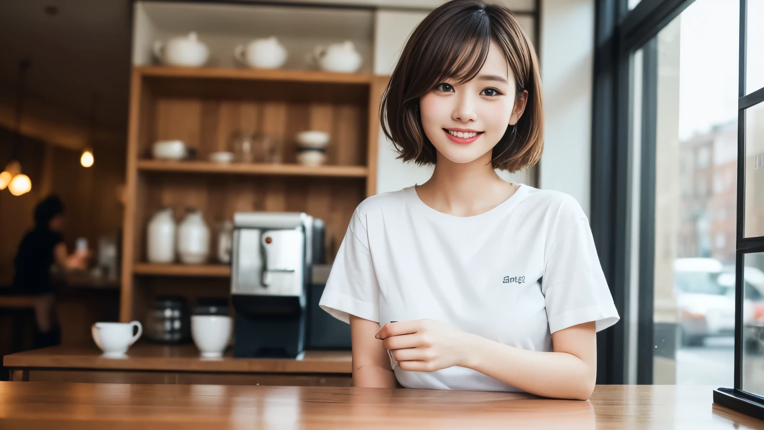 super high quality, Fashion Model, smile, Slenderのネックレス, Slender, The staff is working at the counter in the back., (8k、RAW Photos、Highest quality、masterpiece:1.2), (Realistic、Photorealistic:1.37), Beautiful Face , Urban Cafe, Golden Ratio, Raw photo, Light Brown Hair, Small breasts, Bright cafe interior, Blurred Background, Summer clothes, Cafe Terrace, Open Cafe, Photographed inside the cafe, Hair blowing in the wind, Neat clothes, T-Shirts, Very Short Hair, 18-year-old, Cool older sister, beautiful girl,