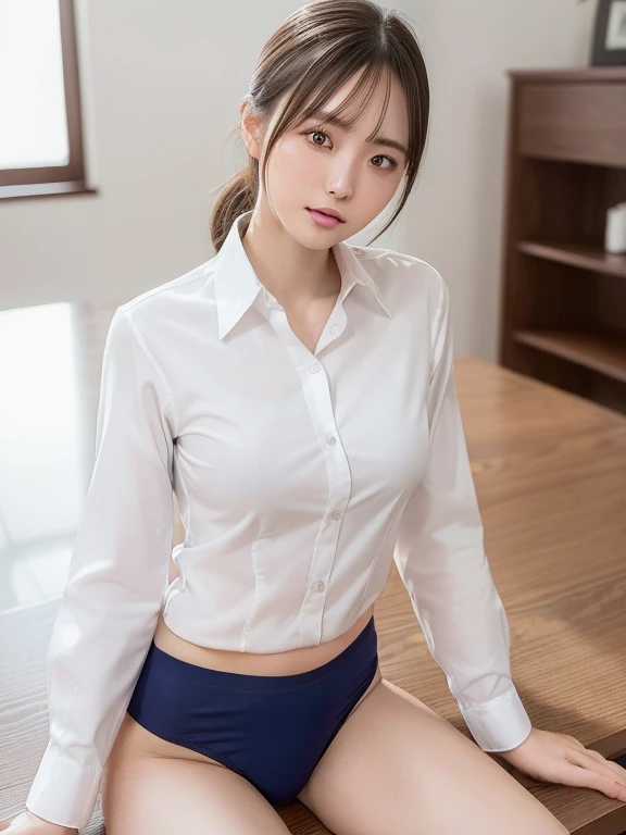 (Uniform shirt, panties: 1.3), ((Highest quality, 8k, Tabletop: 1.3, RAW Photos)), Sharp focus: 1.2, (1. AESPA Girl :1.1), (alone: 1.18), (Realistic, Realistic: 1.37), (Face Focus: 1.1), Cute Face, Ultra detailed face, Short, unkempt hair, Updo, (Small breasts, Flat Chest, thigh: 1.1), (Sitting, Office Room: 1.1)