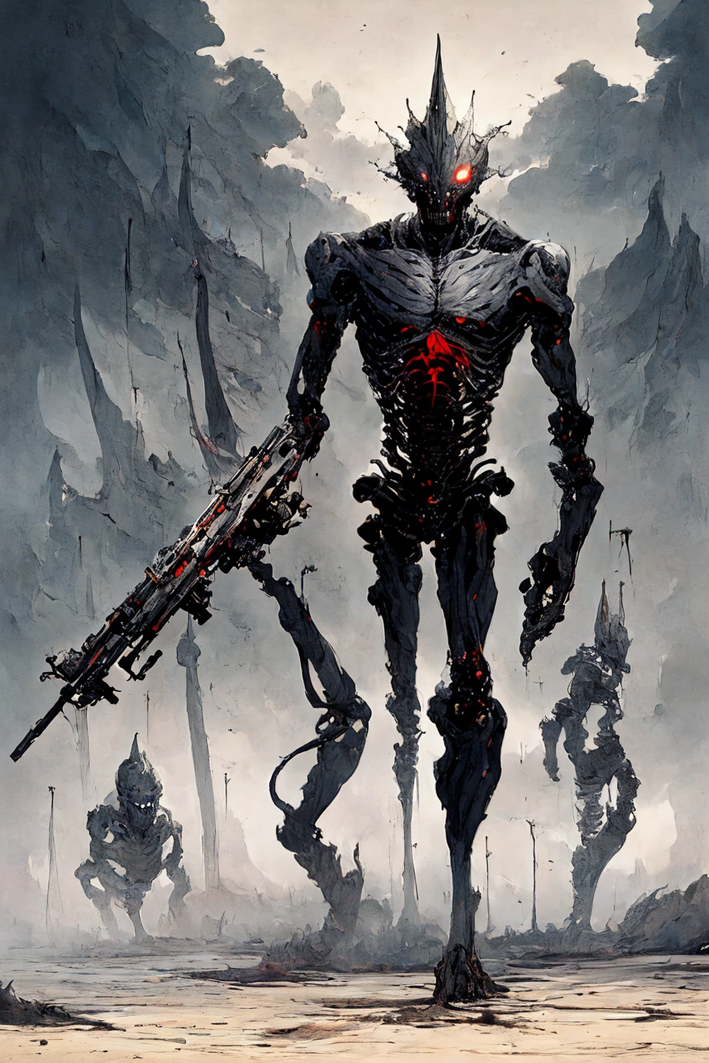 (((Highest quality)))(((Best Image)))(((anatomy)))外見は黒いfog,Wear shiny armor,Modern Battle Suits(((Appearance)))The shape is humanoid,Wearing armour(((Features)))Eyes glowing red,The shape is made of purple glowing matter..Possess modern weapons.(((male)))The skeleton is human-like、Muscle fibers are visible,fogのようなガス状のもので構築している(((background)))Barren Land,dead tree,fog,Chaotic world(((Standing posture)))Battle Scenes,overwhelmingly strong,Symbol of Terror,Highest quality。