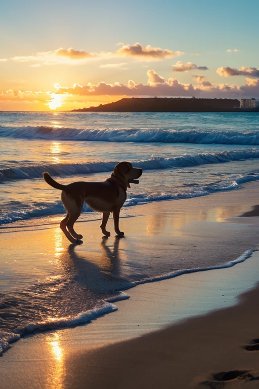 Hawaii。Sunrise at the beach。Labrador retriever standing on the beach