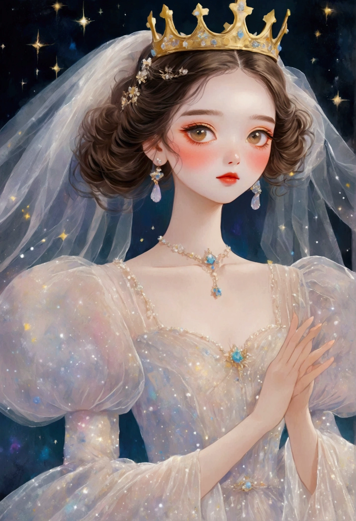 A pastel painting。1 beautiful and elegant girl，Golden crown，veil，Puffy Tulle Dress，Exaggerated sleeves，Fluffy，Fluffy白色薄纱，Hand offering，dreamy starry dark background