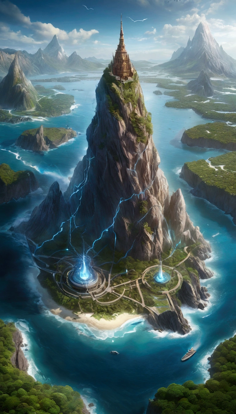 Detailed and complex topographical map of the mysterious island,Composed of different elements, Wide-angle lens,(best quality,4K,8K,high resolution,masterpiece:1.2),Ultra Detailed,fantasy,Volumetric Lighting,panoramic,Wind Effect,闪electricity,electricity,fire,ice,gem,Metal,Wood texture