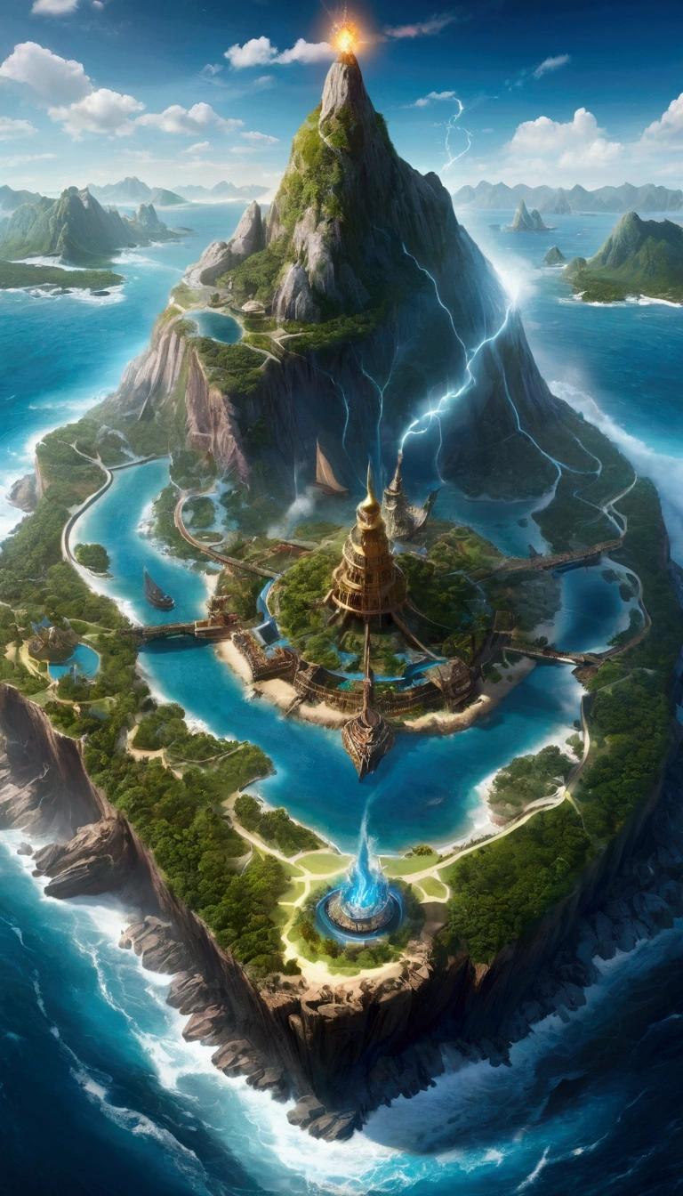 Detailed and complex topographical map of the mysterious island,Composed of different elements, Wide-angle lens,(best quality,4K,8K,high resolution,masterpiece:1.2),Ultra Detailed,fantasy,Volumetric Lighting,panoramic,Wind Effect,闪electricity,electricity,fire,ice,gem,Metal,Wood texture