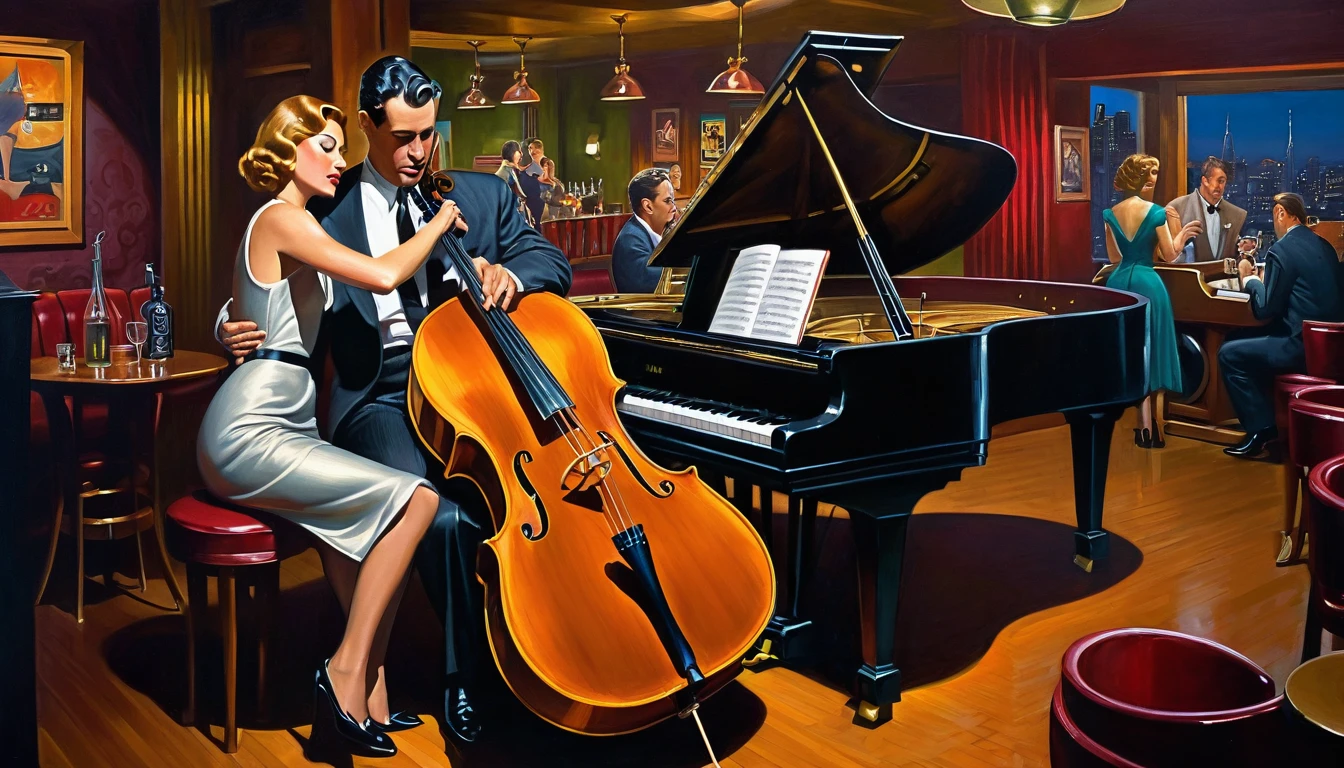 Painting of a man playing the cello and a woman playing the piano in a bar, inspired by Art Frahm, film noir jazz bar, inspired by f.. scott hess, inspired by f. scott hess, By John La Gatta, John Alexander, Jason Edmiston, inspired by Vincent Lefevre, by Fred Mitchell, by Art Frahm, by Bob Ringwood