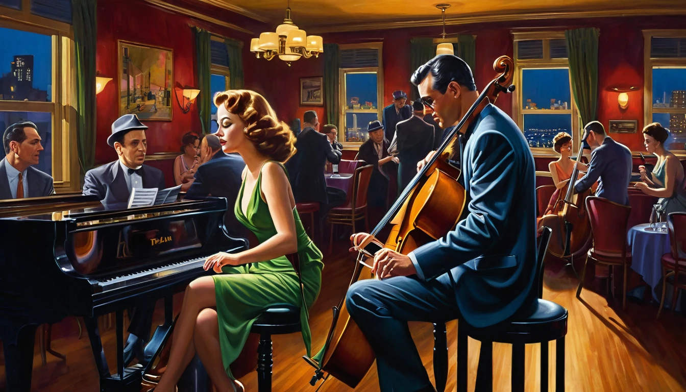 Painting of a man playing the cello and a woman playing the piano in a bar, inspired by Art Frahm, film noir jazz bar, inspired by f.. scott hess, inspired by f. scott hess, By John La Gatta, John Alexander, Jason Edmiston, inspired by Vincent Lefevre, by Fred Mitchell, by Art Frahm, by Bob Ringwood