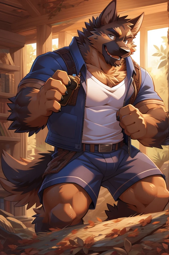 (solo), male wolf mid transformation, solo, masterpiece, torn clothes, forest, shocked expression, looking at self, muscular, body hair, snout, human, sitting, newest western style, best art, 