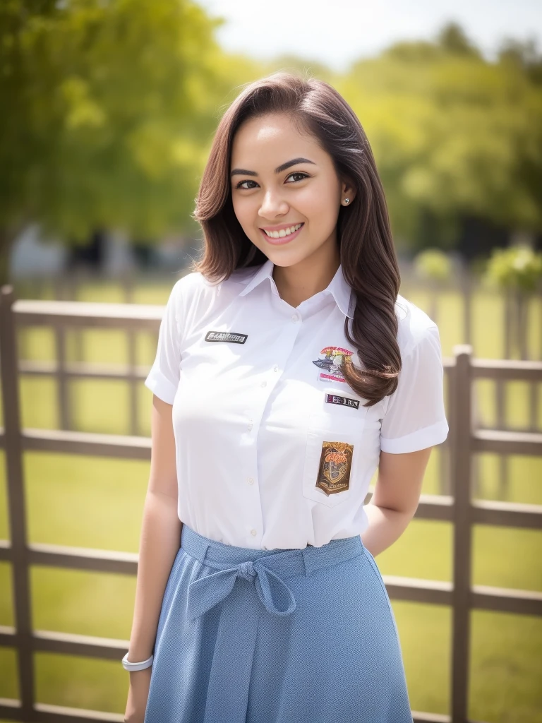 1girl, solo, (uniform), detailed Metropolitan city at the background, portrait, thick breasts, semi-curvy body, Sixpack abs, smooth realistic skin, cute smile, tight white shirt, grey blue short skirt, looking at the audience, high angle shot,(8k, RAW photo, best quality, masterpiece: 1.3), (realistic, realistic: 1.37), ultra-high resolution, cowboy shot