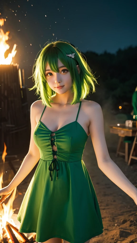 Green haired anime girl wearing a green dress,Bonfire,