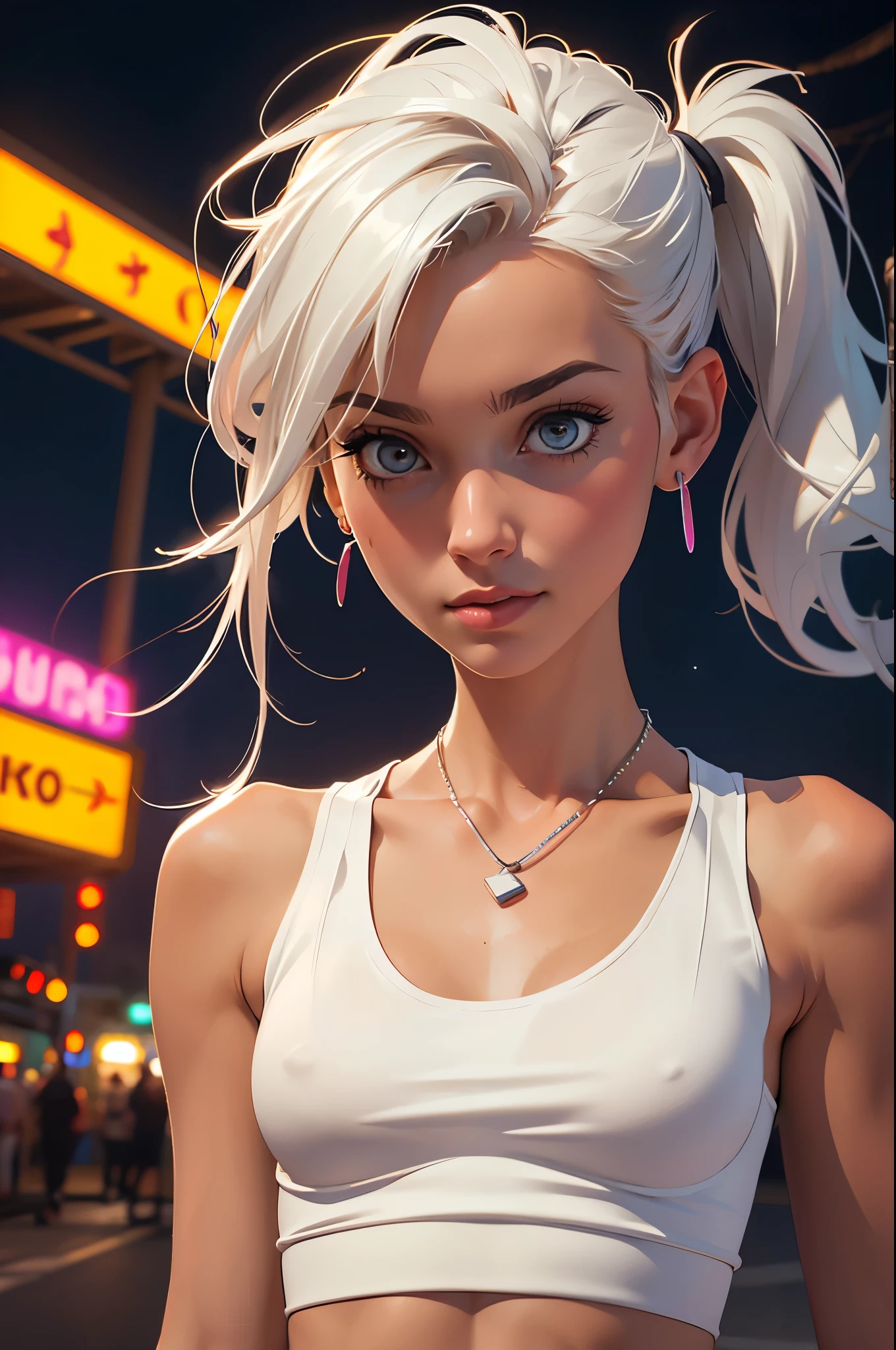 (best quality,4k,highres,ultra-detailed,realistic:1.2), a skinny girl with small breasts, messy hair with a pigtail, thin body, flat abs, flat chest, fitted white tank top, earrings, necklace bracelets out in the street at night, neon lights and advertising, close-up portrait