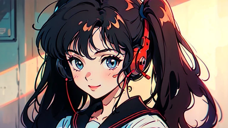 Cute girl, smile, sailor suit, going to school, wearing headphones, facial details, beautiful eyes, twintails