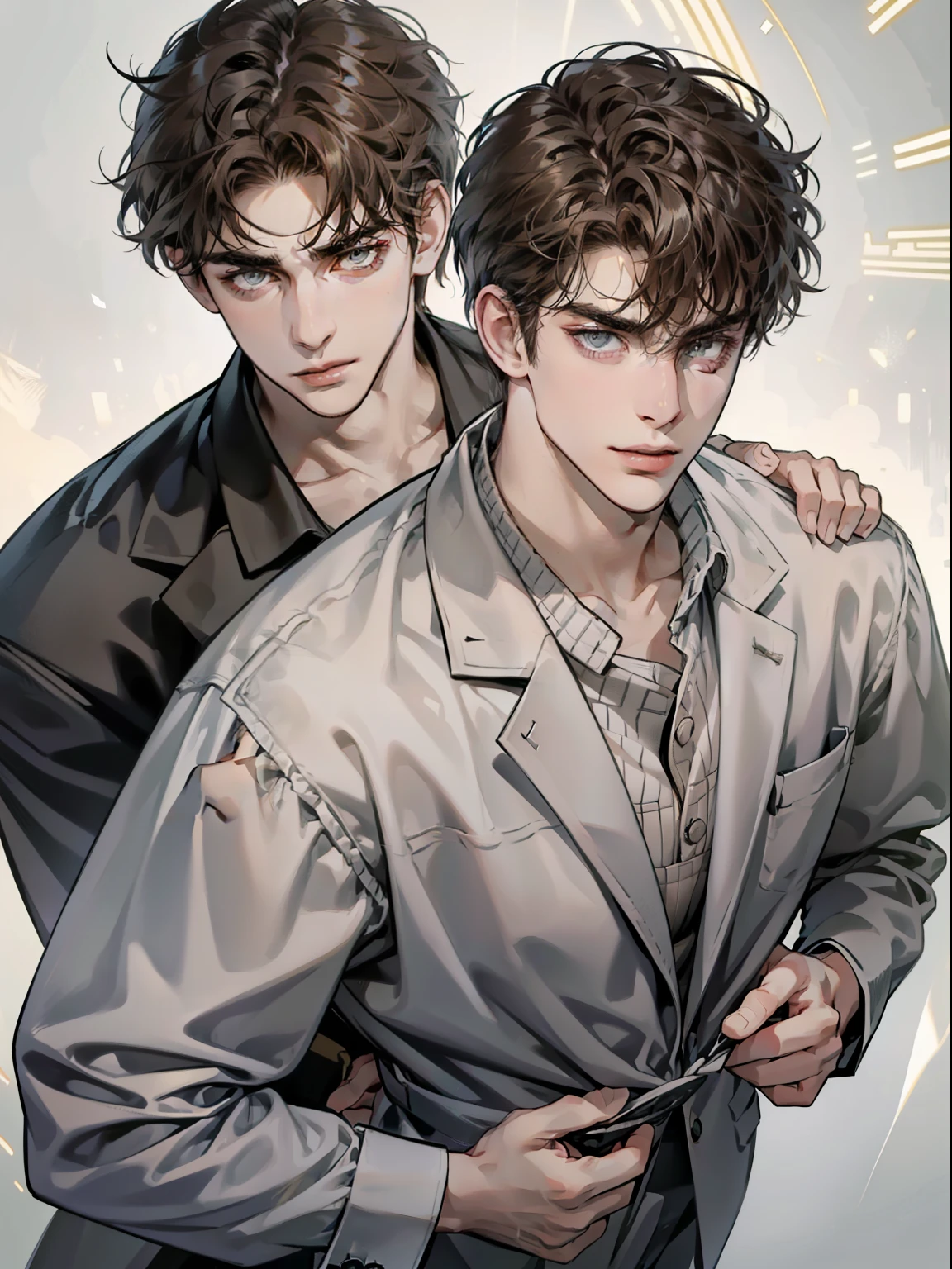 masterpiece, best quality, realistic, 1man, mature male, quiet and charming young man, 25 year old, serious look, closed mouth, portrait, extremely detailed face, cold smile, ((dark grey eyes)), ((short-right-swept dark brown hair)), [thick eyebrows], ((suit)), handsome, full body, western, Jewish, light brown skin,