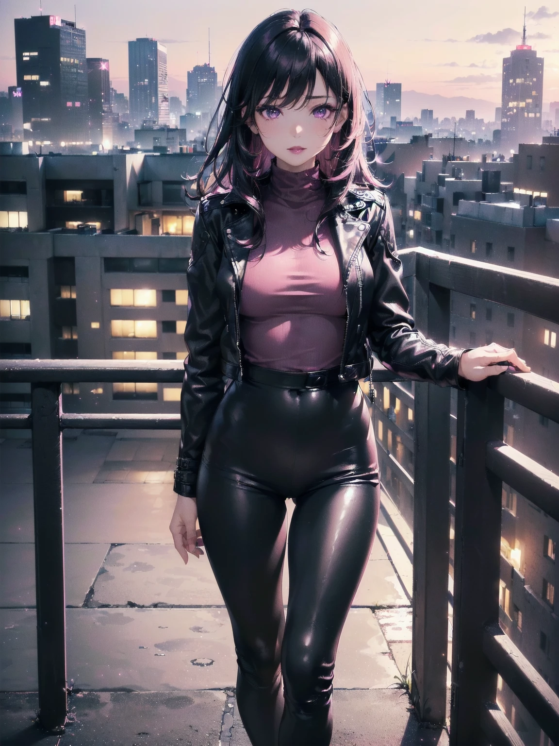 ((Alone, 1 woman, takashirohiroko, happy expression, dark purple eyes, black hair, pink lipstick, extremely detailed, Soft ambient lighting, 4k, Perfect eyes, a perfect face, perfect lighting, a 1 girl)), ((Alone, (1 woman, pink lipstick), extremely detailed, Soft ambient lighting, 4k, Perfect eyes, a perfect face, perfect lighting, a 1 girl)), ((black leather jacket, black leather boots, Leggings negros, tight clothes , standing, balcony, admiring the landscape, city background,))