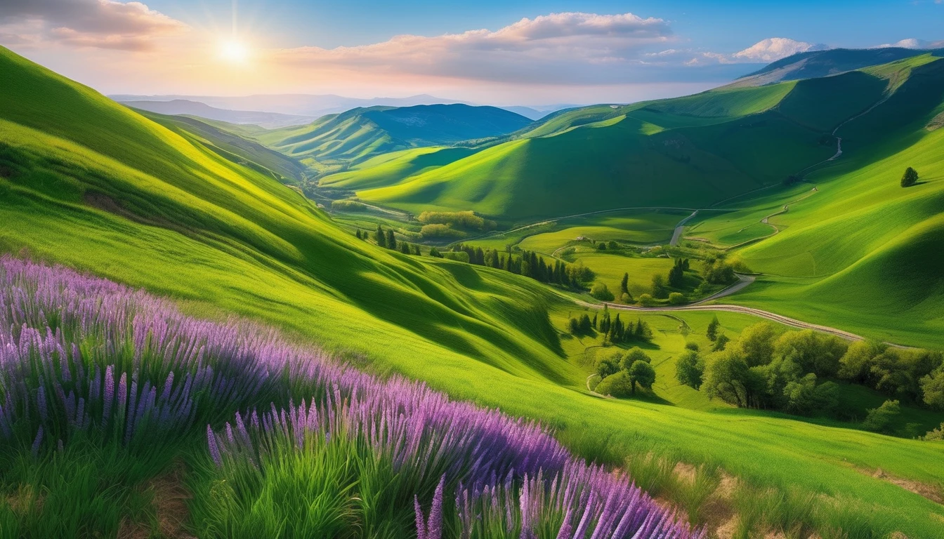 photo of a valley with many colorful flowers, surrounded by green hills, spring scene,first-person view, panorama, UHD,(Best Quality),(Masterpiece Photos), (Details:1.4),(8k Highly Detailed)(Best Quality),(Best Shading)