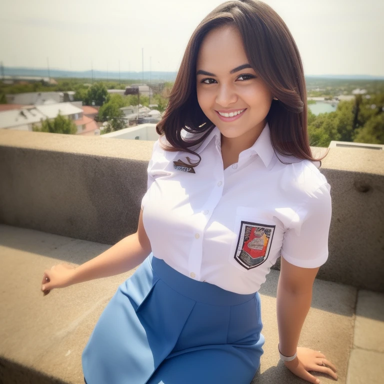 1girl, solo, (uniform), detailed Metropolitan city at the background, portrait, thick breasts, semi-curvy body, Sixpack abs, smooth realistic skin, little smile, tight white shirt, grey blue short skirt, looking at the audience, high angle shot,(8k, RAW photo, best quality, masterpiece: 1.3), (realistic, realistic: 1.37), ultra-high resolution, cowboy shot