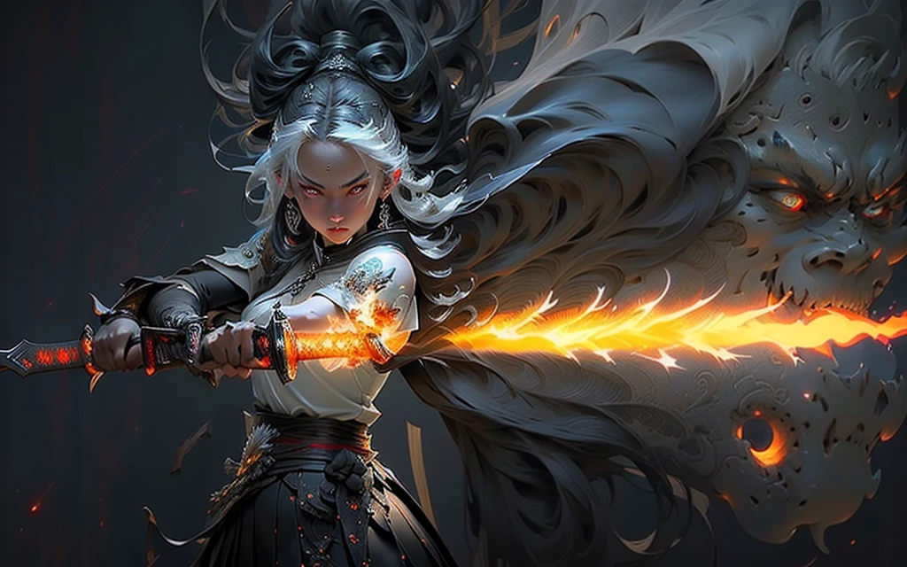 Anime girl with sword and flame on dark background, Exquisite facial features, delicate facial features, sexy and delicate eyes, gorgeous beauty, burning sword, white-haired female swordsman, epic fantasy digital art style, 4k fantasy art, Wielding a sword of fire, 4k highly detailed digital art, 4k detailed digital art, Pan Chengwei on artstation, Armed with a flaming sword, Epic Mage Girl Character, Detailed Bushido form smoke, flaming katana, Artstation Contest Winners