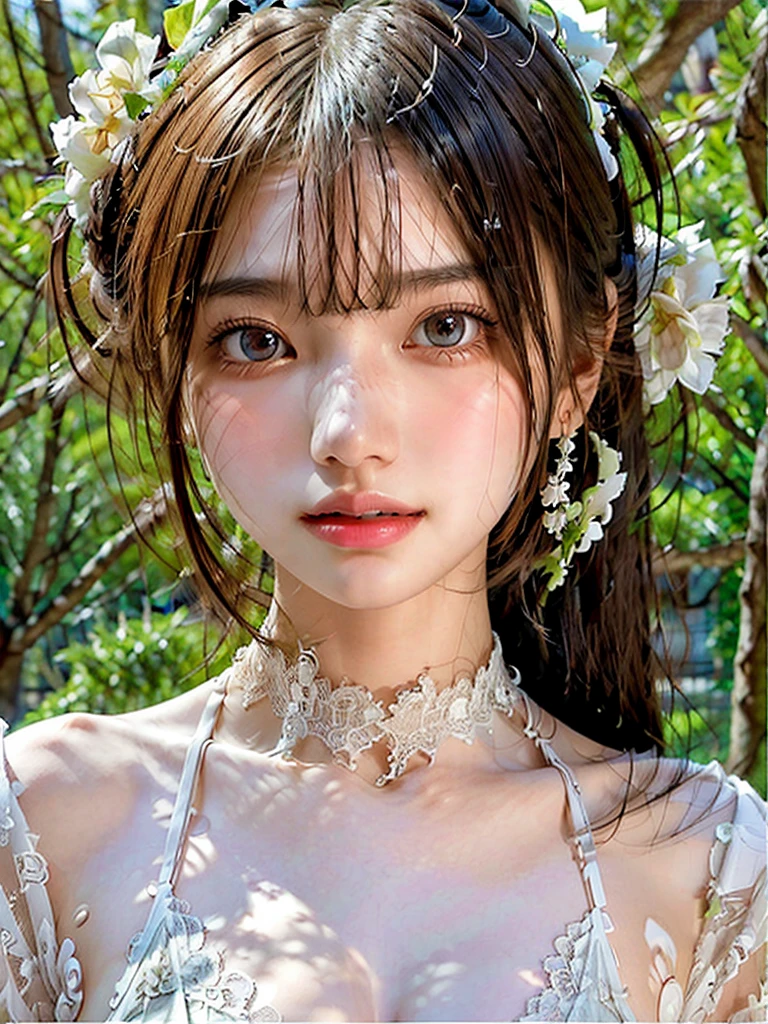 8k,Confused, High resolution, Very detailed, 1 girl, alone, Very beautiful eyes, Ultra-precise depiction, artistic、Very detailed depiction, (Tangled:1.2), , (White high key background:1.5), (((White lace lingerie 1.5))), 、 、Earrings and Necklaces、, (Glowing Skin), ,、Flat Body、slim、cute、、Round face、Smile 1.3、Mid-shot photo、