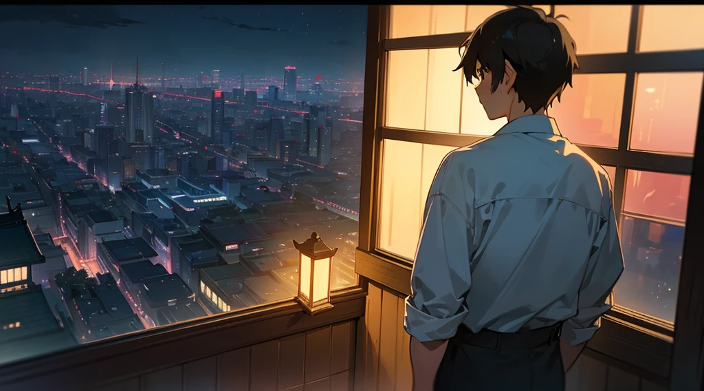 ​masterpiece、top-quality、Ultra-detail、Hanson man and woman、Outside the window is the night view of Tokyo、natta、Detailed background、Makoto Shinkai landscape painting