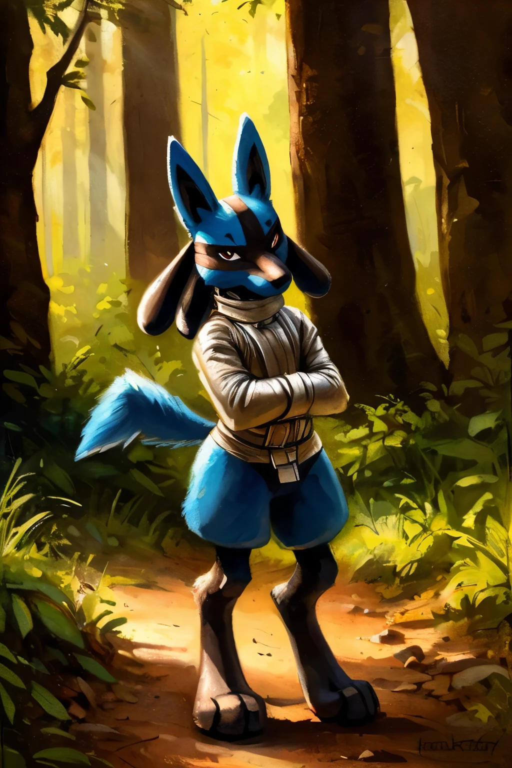 High quality photo, (full length portrait of lucario in straitjacket), looking at the viewer, Alone, forest, nature, detailed background, depth of field, by Kenket