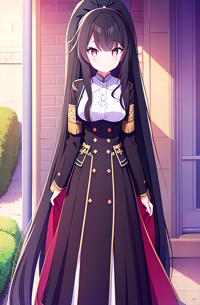 hair length about 5 meters girl long_hair black_hair tall black_uniform highschool 1girl high ponytail super long hair long hair