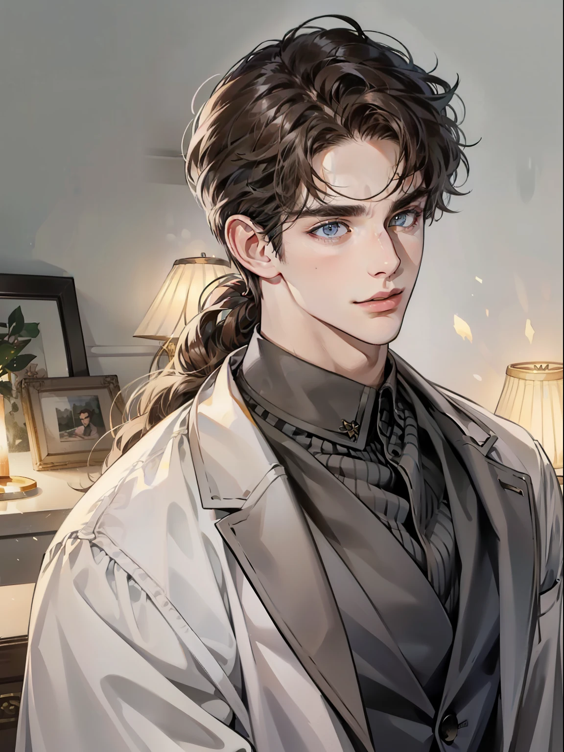 masterpiece, best quality, realistic, 1man,  male, quiet and charming young man, 25 year old, serious look, closed mouth, portrait, extremely detailed face, cold smile, ((dark grey eyes)), ((short-right-swept dark brown hair)), [thick eyebrows], ((suit)), handsome, full body, western, Jewish, light brown skin,