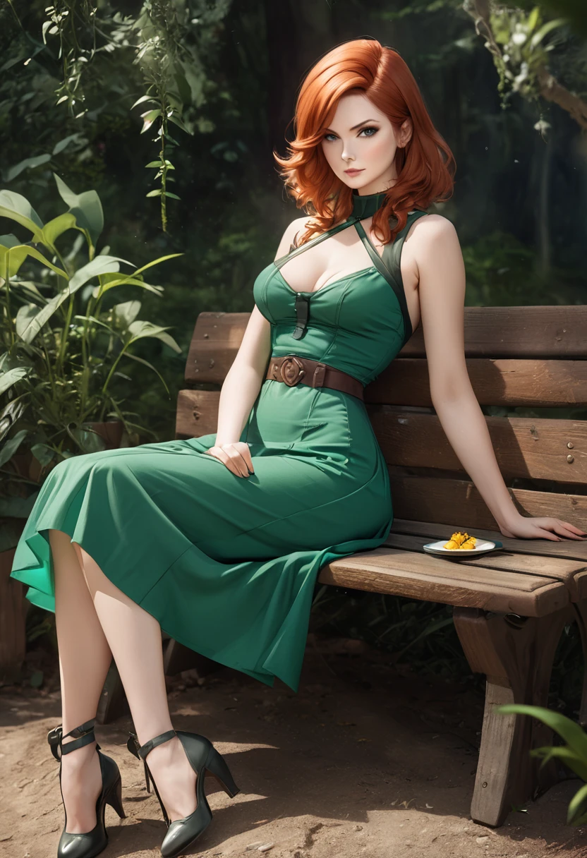 arafed woman sitting on a bench in a green dress, triss marigold cosplay, triss marigold, inspired by John Collier, fantasy photo shoot, succubus in sundress portrait, costume dress, glamorous jill valentine, copper and emerald, inspired by Vincent Lefèvre, full body portrait of jean grey, Realistic fantasy rendering, green dress