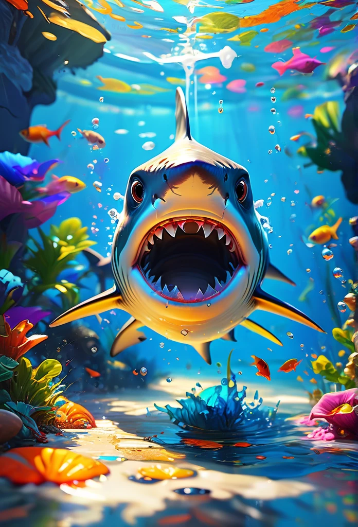 Splash Art, Cute Shark(Game Characters、Big eyes、There are lots of tropical fish around.), wonderfulインスタグラム, Art Station, Colorful paint splash style+, Very detailed、Exquisitely crafted down to the last detail, Engine Unreal, wonderful, Details Complexity, Splash screen, Complementary Color, Realistic concept art, 8k resolution, deviantart masterpiece, Oil, Thick brushwork, Paint dripping, Splash Art,Bright seabed