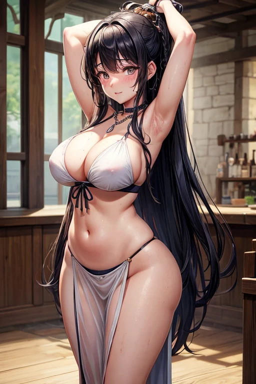 Kaori, Single model, solo, half Asian, half Latino, very long straight black hair, freckles, blushing, wet eyes, long chain pendant, very large heavy breasts, chubby, belly, stretchmarks, medieval tavern wench