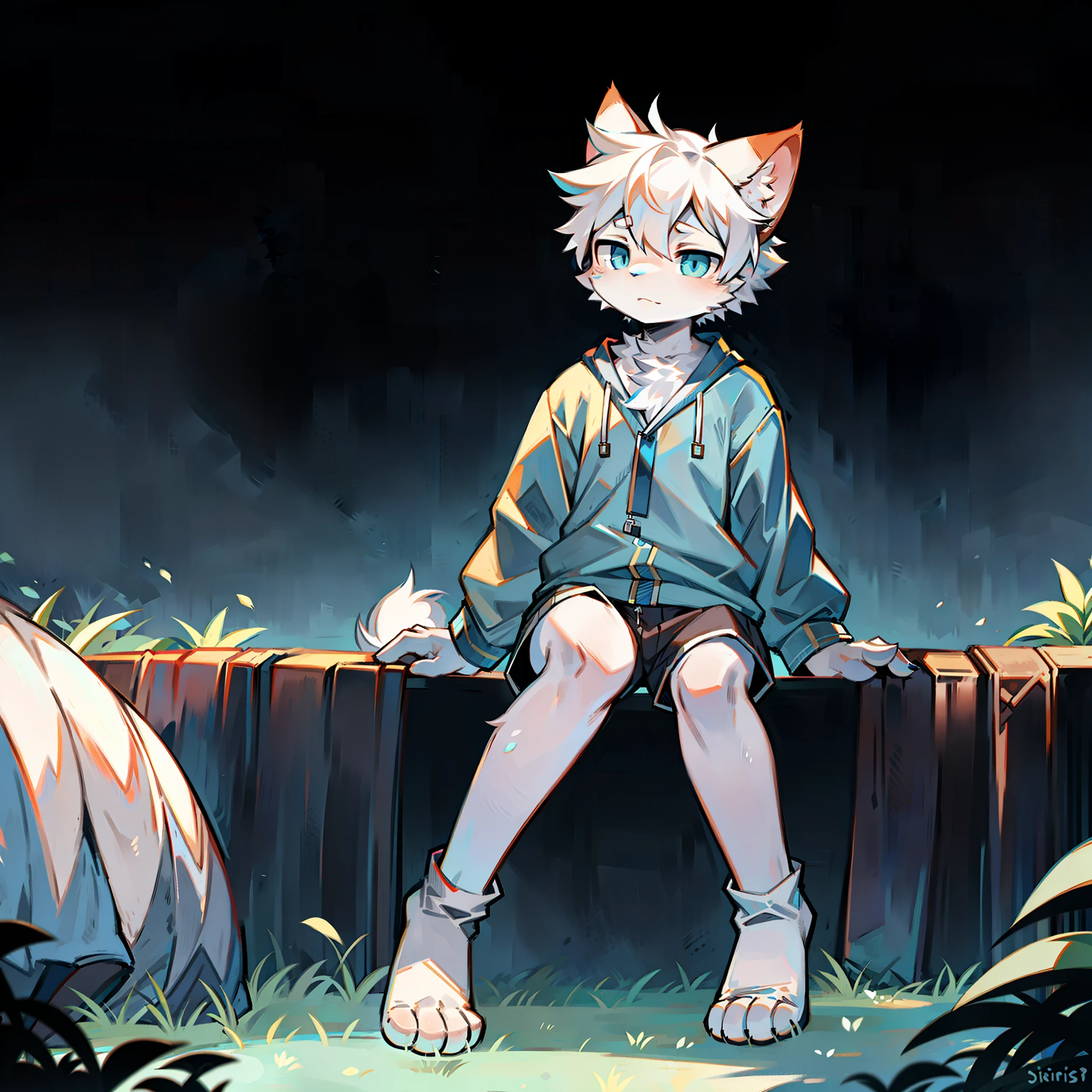 furry, cat boy,(White hair),(Dark gray skin),blue eyes,Sitting on the grass,(Wear short white socks),(Pajamas and shorts),Blank Background,The only person,high quality