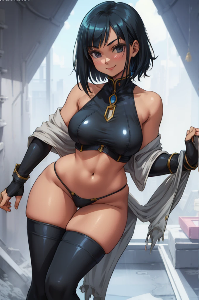 Miki Sayaka,((1girl)),solo,super shiny skin,Ultra Glossy Skin,(((black hair))),(black eyes),Milf, full body view, thick thighs, curve,curvey,smile ,farmer,((simple background)),(gray background),