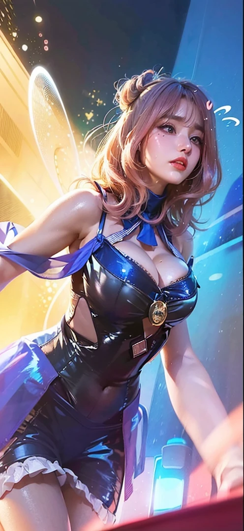 Taiwanese gravure idols gal makeup Light pink hair with bangs smoky makeup black eyeshadow Plump cheeks round face Wet and shiny navy blue school swimsuit Rooftop of a building with a steampunk night view ((Gloss rouge bright red lips)) big breasts cleavage (beautiful armpits) sweaty armpits Look at me with shame ((Sweaty,and shiny armpits and skin)) ((Close-up depiction of a mature woman's face seen from the floor)) ((Depicted from below)) (Condescended) eye contact close-up of armpit