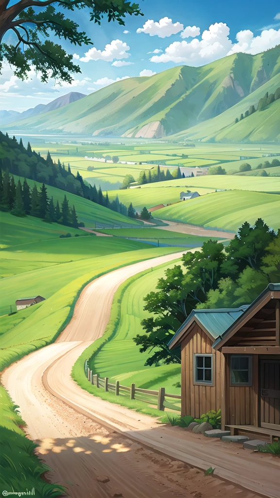 A dirt road winds through a mountain valley with small houses and green fields