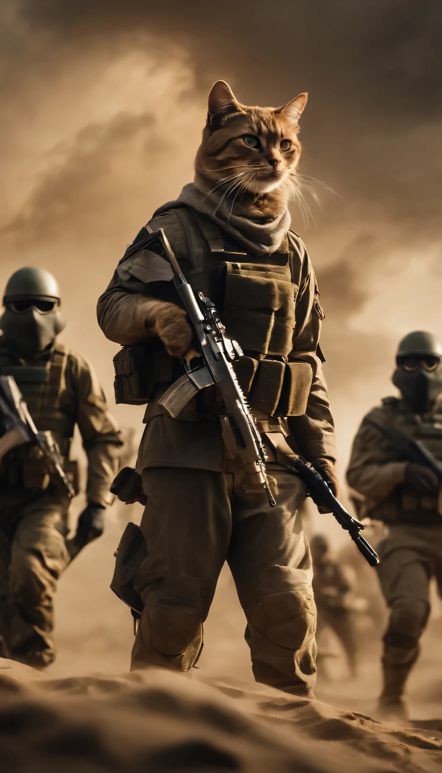 a group of humanoid cats in American military uniforms standing on the sand, warrior cat, warrior cat, assassin cat, ninja cat, samurai cat, world boss cat, ready to fight, tabaxi :: scam, force special forces, soldiers, ready for battle, planet of cats, drone attack war scene, cat catching cat, cool cat, donald rumsfeld cat, on the battlefield. Battlefield scene.