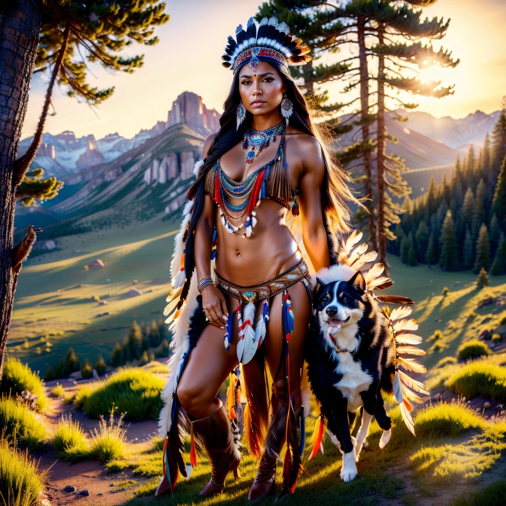 a beautiful native north american woman in sexy native American clothes with her dog, green grass, trees, flowers, mountains, full-lenght, high detailed, realistic full-lenght photo ((best quality)), ((masterpiece)), detailed soft oil painting, detailed background, dramatic cinematic lighting, soft edge lighting, professional, dramatic lighting, hard edge lighting, ultra quality, 4k,(masteriece, best quality, 8k, ultra highres, highres:1.4), extremely detailed, beautiful girl, high detail skin, high detail eyes, high detail hair, high rest , ultra detailed, sharpen picture, Highly detailed, masterpiece, best quality,perky breasts, supermodel body, long hair, native American, dark skin, feathers, hair ornament, jewelry, necklace, tribal, headdress