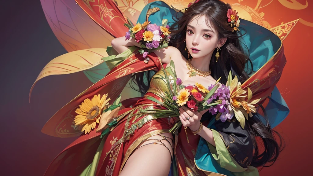 32K, 最高quality, 最高masterpiece, (ultra-Detailed Background, Detailed Background), High resolution, Super detailed, Very detailedな, One girl, (bouquet:1.3), (Tangled:1.2), (Geometric:1.2),(colorful),(masterpiece, quality, best quality, Official Art, Beautiful and beautiful:1.2), (1 girl:1.3), Very detailed,(colorful:1.1)(Flowers:1.3),Most detailed,(Tangled:1.2), whole body, (Abstract background:1.3), (Skin glows), (Many colors:1.4), ,(Earrings Jewelry:1.5), Pale Red Background,
