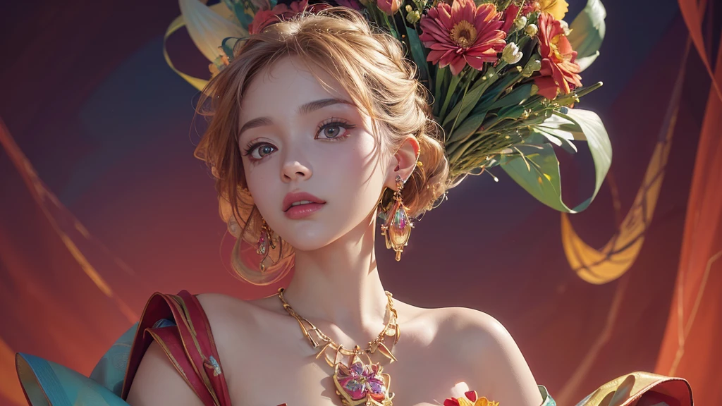 32K, 最高quality, 最高masterpiece, (ultra-Detailed Background, Detailed Background), High resolution, Super detailed, Very detailedな, One girl, (bouquet:1.3), (Tangled:1.2), (Geometric:1.2),(colorful),(masterpiece, quality, best quality, Official Art, Beautiful and beautiful:1.2), (1 girl:1.3), Very detailed,(colorful:1.1)(Flowers:1.3),Most detailed,(Tangled:1.2), whole body, (Abstract background:1.3), (Skin glows), (Many colors:1.4), ,(Earrings Jewelry:1.5), Pale Red Background,