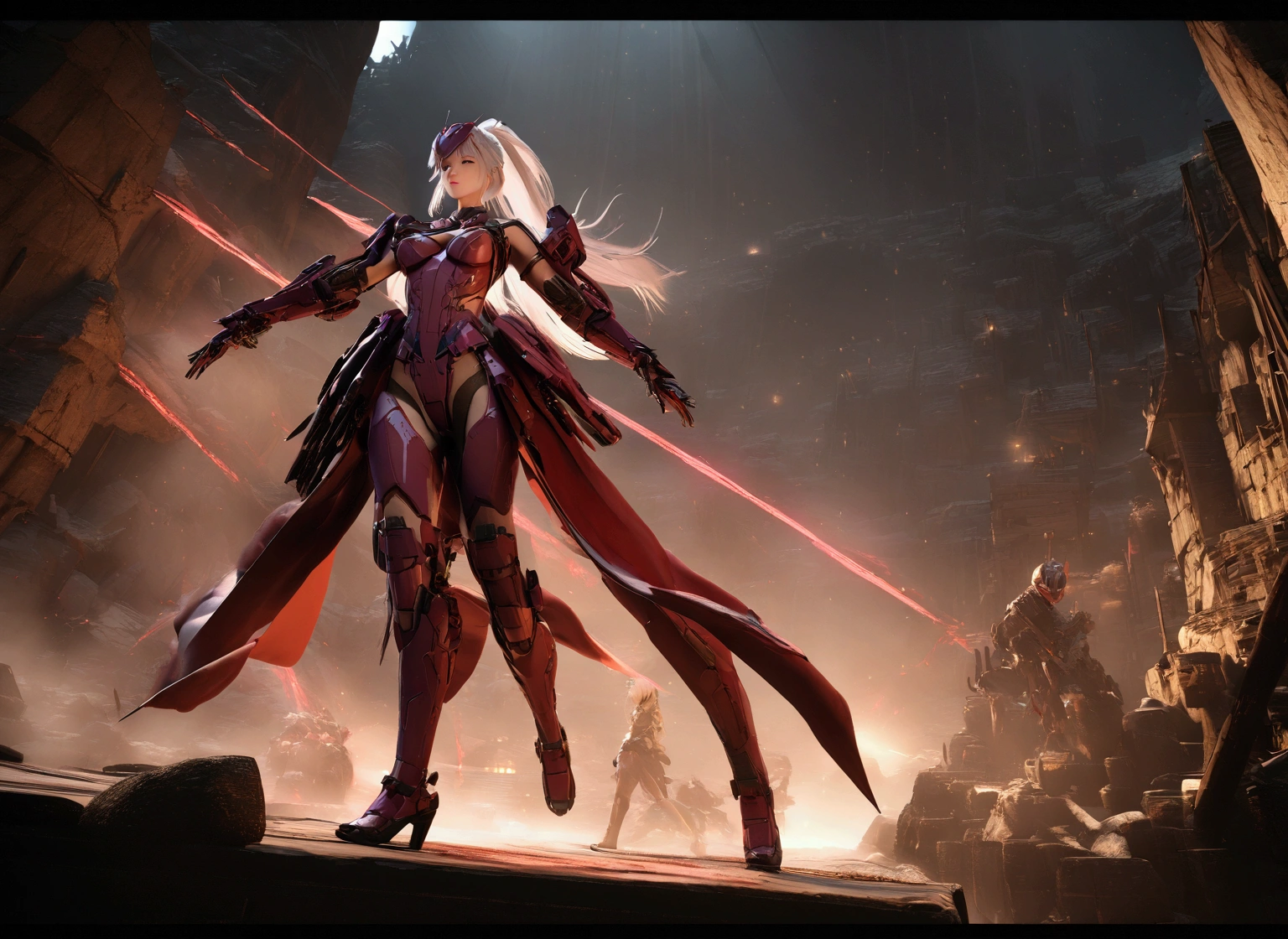 (Female Ninja Cruel Mecha: 1.3, Full body covering mechanism, Heavy AWP on your back, Digital SLR, Light Tracing, 3d, Concept Art, Action Painting, Cinema Lighting, Chiaroscuro) :(1.3). Accentuate the curves of your breasts, Long white ponytail hair looks elegant and attractive. Masterpiece in 8K resolution, (Murder and terror): 0.5, A long red scarf fluttering in the wind, With a war-torn city in the background.
