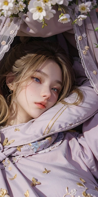 (masterpiece: 1.2, Portraiture, Highest quality), Realistic, (Live Action, Intricate details, Written boundary depth), Highest quality, masterpiece, Attention to detail, semi-Realistic, sleeping in bed, shy, 21 years old, Short Blonde, blue eyes, pajamas, Slim figure、Canopy bed、 sleeping beauty,