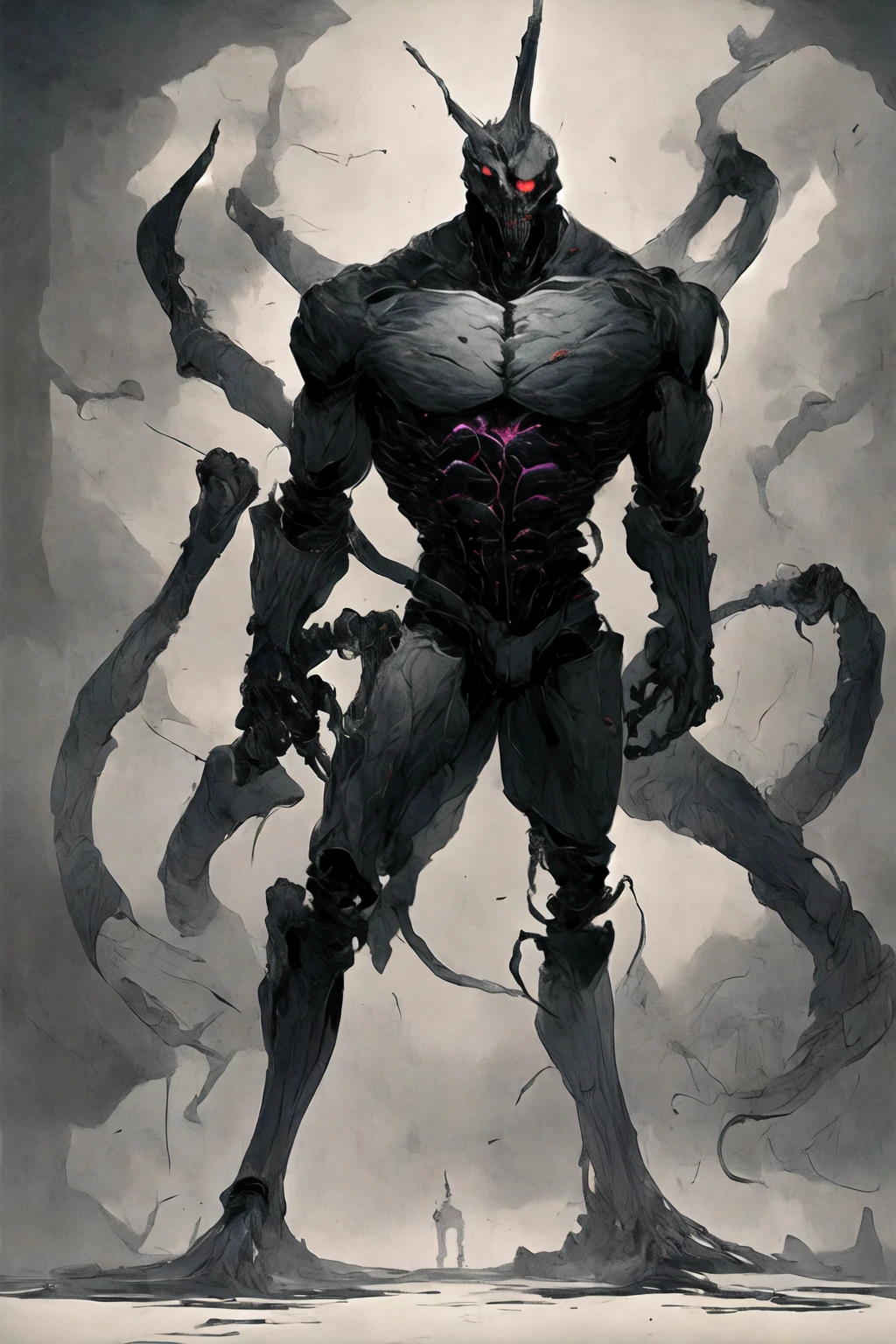 (((Highest quality)))(((Best Image)))(((anatomy)))外見は黒いfog,Wear shiny armor,Modern Battle Suits(((Appearance)))The shape is humanoid,Wearing armour(((Features)))Eyes glowing red,The shape is made of purple glowing matter..Possess modern weapons.(((male)))The skeleton is human-like、Muscle fibers are visible,fogのようなガス状のもので構築している(((background)))Barren Land,dead tree,fog,Chaotic world(((Standing posture)))Battle Scenes,overwhelmingly strong,Symbol of Terror,Highest quality。
